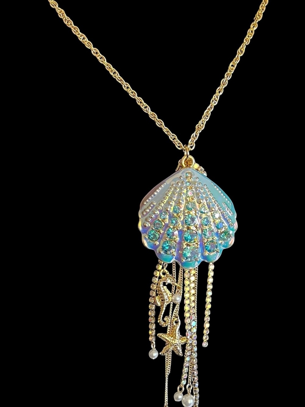 Betsey Johnson Gold-Tone Iridescent Blue Shell Charm Necklace